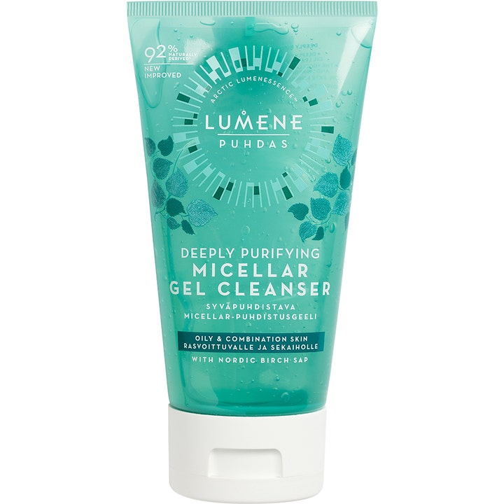 Lumene Puhdas Deeply Purifying Micellar Gel Cleanser dybderensende ansigtsvask i en turkis tube med hvidt låg
