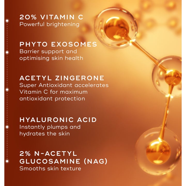 Medik8 C-Tetra Advanced 30 ml serum med 20% Vitamin C og hyaluronsyre på orange infografik med molekyler.