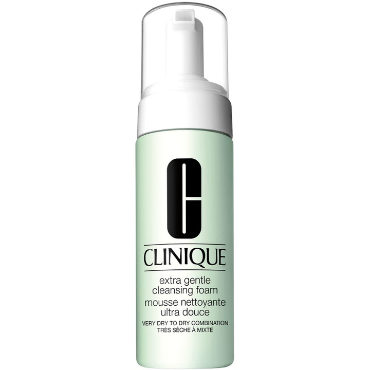 Clinique Extra Gentle Cleansing Foam 125 ml ansigtsrens i lysegrøn flaske med hvid pumpe og gennemsigtig hætte.