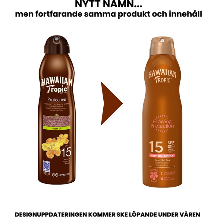 Hawaiian Tropic Glowing Protection Dry Oil Spray 180 ml sololie SPF 15 viser nyt og gammelt flaskedesign side om side