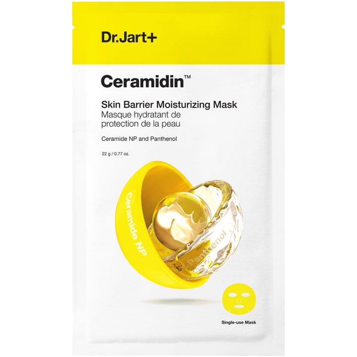 Dr.Jart+ Ceramidin Skin Barrier Moisturizing Mask 22g styrkende sheetmaske i hvid og gul emballage med gylden grafik