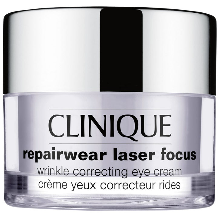 Clinique Repairwear Laser Focus 15 ml øjencreme der udglatter rynker i en klar glaskrukke med skinnende sølvlåg