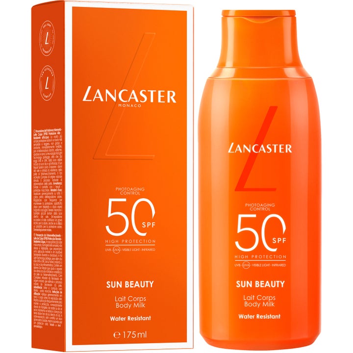 Lancaster Sun Beauty Body Milk 175 ml SPF50 vandafvisende solcreme i orange flaske og æske mod Photoaging Control