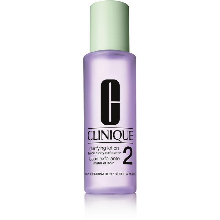 Clinique Clarifying Lotion 2 eksfolierende ansigtsvand skaber klar hud i lilla frostet flaske med lysegrønt låg