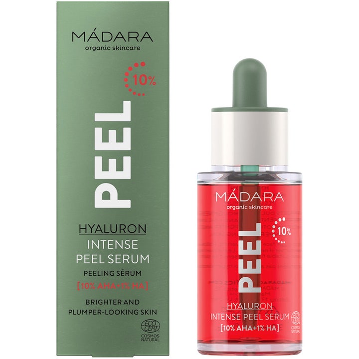 MÁDARA Hyaluron Intense Peel Serum 30 ml eksfolierende serum med 10% AHA i glasflaske med rød væske og grøn æske.