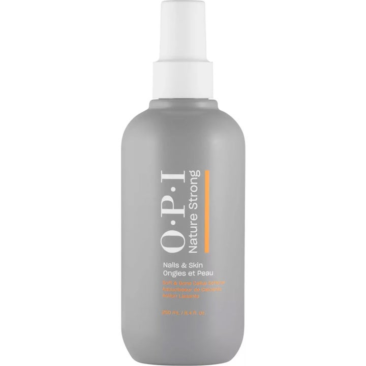 OPI Nature Strong Soft & Gone Callus Softener 250 ml blødgørende spray i grå flaske med hvidt pumpehoved