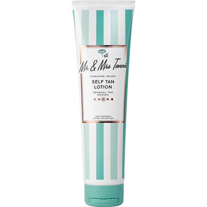 Mr & Mrs Tannie Self Tan Lotion Gradual Tan Medium giver solkysset glød i en stribet hvid og mintgrøn tube