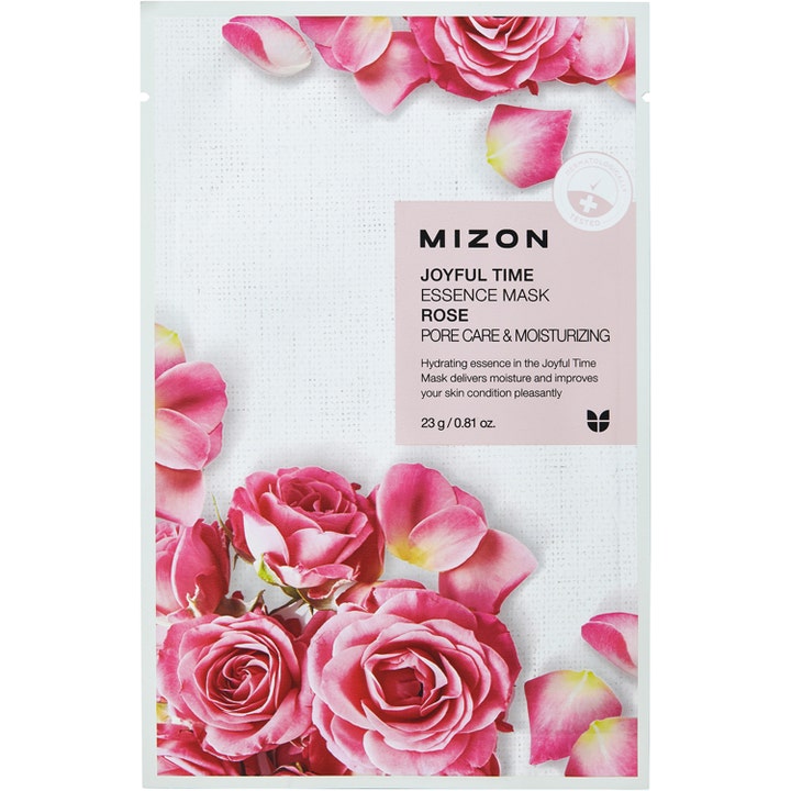 Mizon Joyful Time Essence Mask Rose 23 g fugtgivende ansigtsmaske i hvid pose prydet med lyserøde roser og kronblade