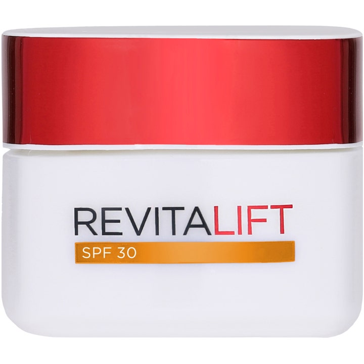 L'Oréal Paris Revitalift 50 ml dagcreme med SPF 30 giver fastere hud i hvid krukke med skinnende rødt låg