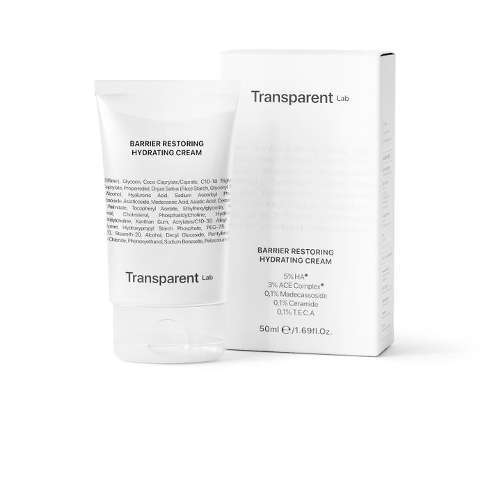 Niche Beauty Lab Transparent Lab Barrier Restoring Hydrating Cream 50 ml i hvid tube og æske med ingrediensliste