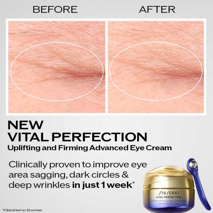 Shiseido Vital Perfection 15 ml øjencreme før og efter resultat på rynker med guld krukke og applikator