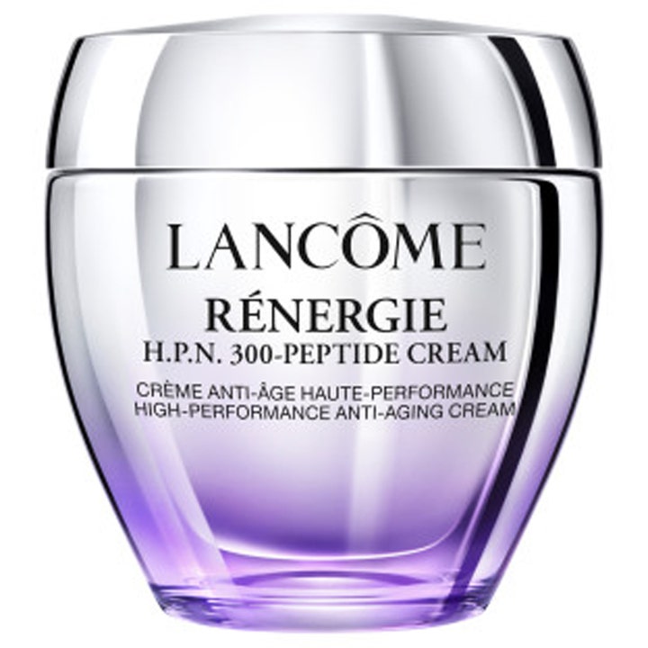 Lancôme Rénergie H.P.N. 300-Peptide Cream opstrammende ansigtscreme i en skinnende sølvkrukke med lilla graduering