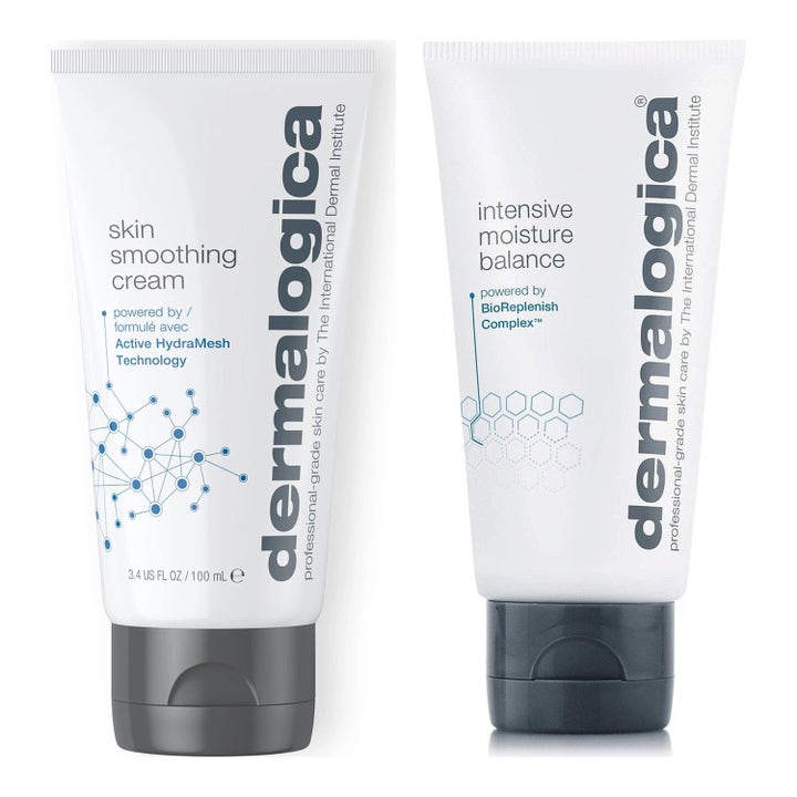 Dermalogica Skin Smoothing Cream og Intensive Moisture Balance fugtgivende ansigtscremer i hvide tuber med grå låg.