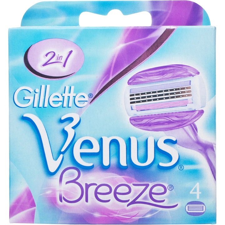 Gillette Venus Breeze 4 stk barberblade for en glat barbering i lilla og lyseblå emballage med indbyggede gelbarer