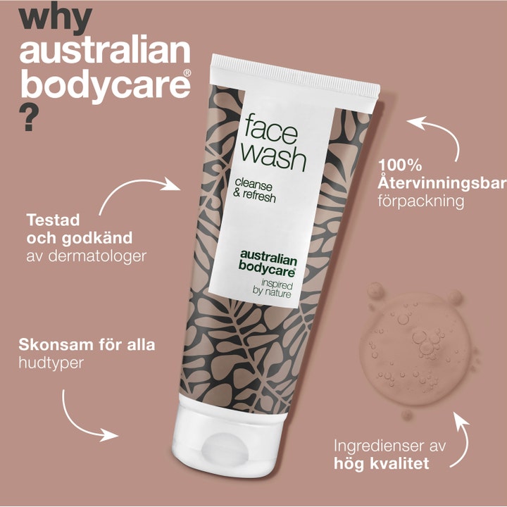 Australian Bodycare Face Wash 100 ml mod uren hud i hvid tube med bladmønster og klar gelkonsistens