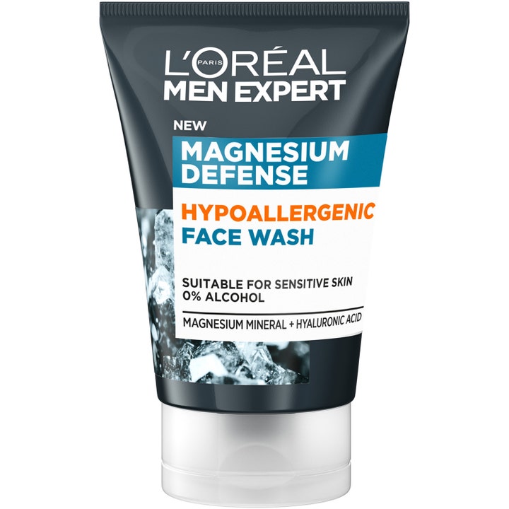 L'Oréal Men Expert Magnesium Defense Hypoallergenic Face Wash beroligende ansigtsvask til følsom hud i mørkegrå tube