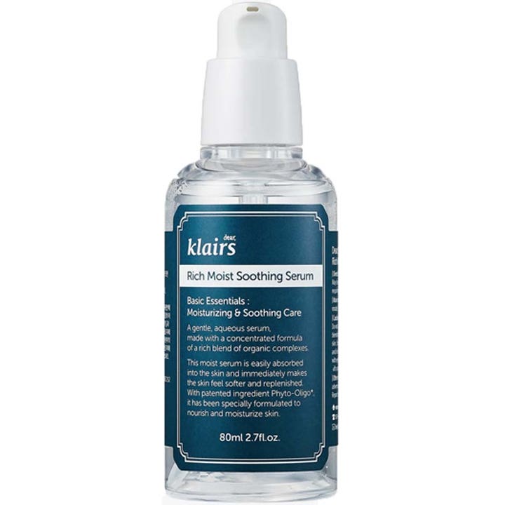 Klairs Rich Moist Soothing Serum 80 ml fugtgivende ansigtsserum i klar plastflaske med hvid pumpe