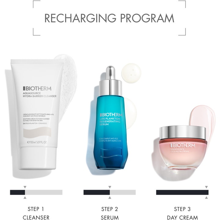 Biotherm Aquasource Cica Nutri 50 ml dagcreme i lyserød krukke vist i et hudplejesæt med serum og ansigtsrens