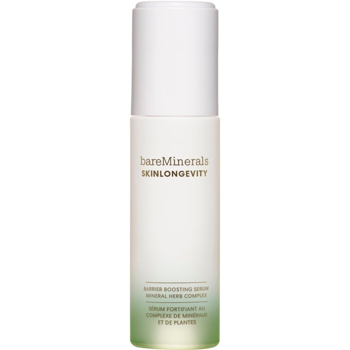 bareMinerals Skinlongevity 50ml styrkende ansigtsserum i hvid flaske med grøn graduering og hvidt låg