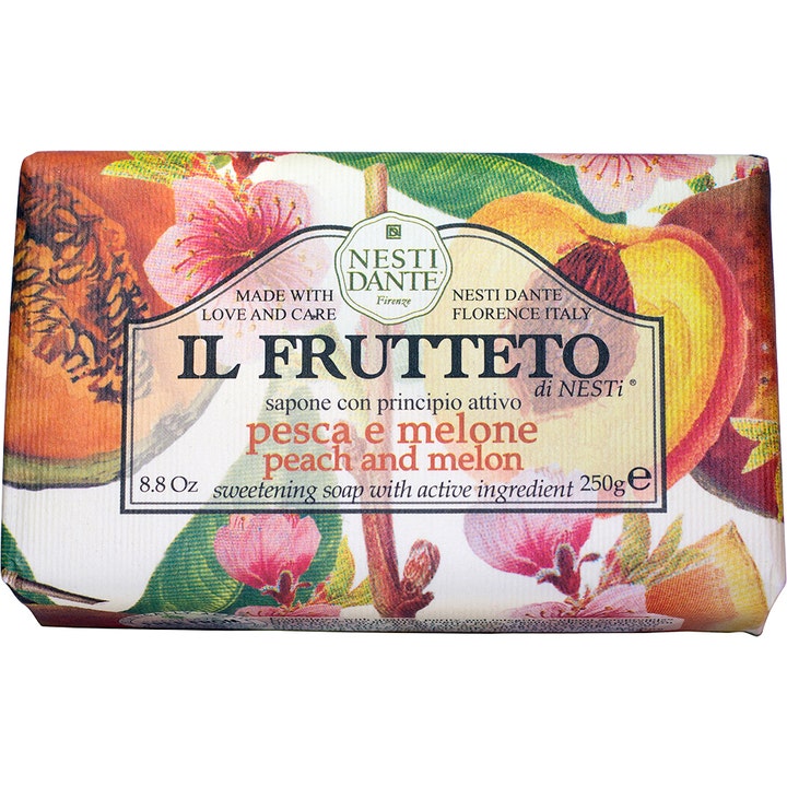 Nesti Dante Il Frutteto Peach and Melon 250g plejende fast sæbe i papir med farverige ferskenillustrationer