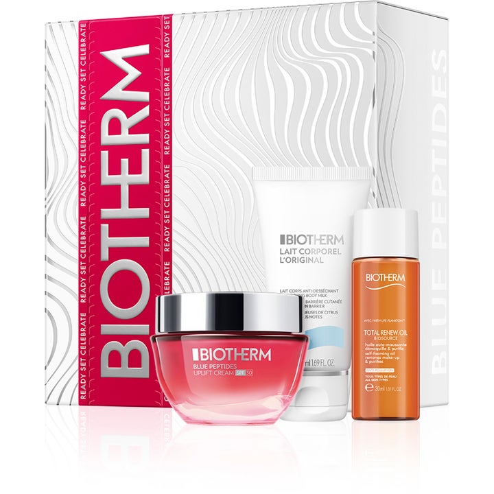 Biotherm Blue Peptides Uplift Gavesæt 3 dele opstrammende hudpleje med pink krukke og orange olieflaske.