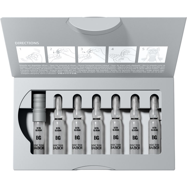 Babor DOC Instant Soothing Ampoule Serum Concentrate 14 ml beroligende serum i syv glasampuller i en åben grå æske