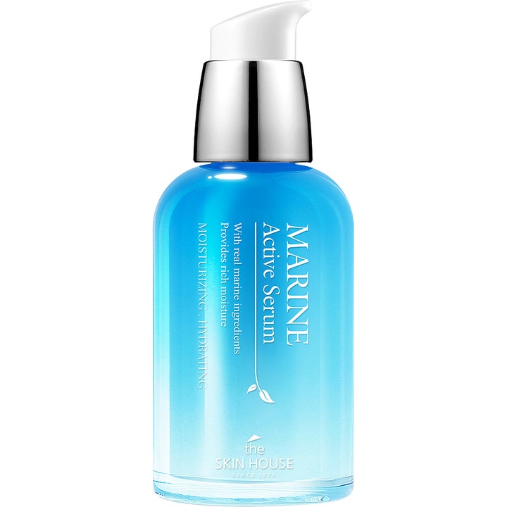 The Skin House Marine Active Serum 50 ml fugtgivende ansigtsserum i blå glasflaske med sølvpumpe