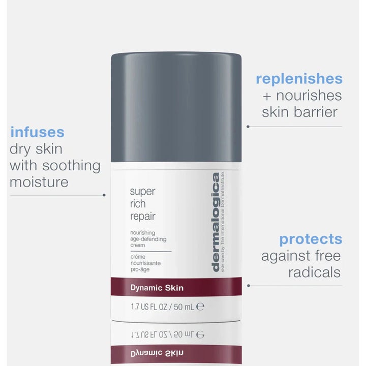 Dermalogica Super Rich Repair 50 ml nærende ansigtscreme i hvid pumpeflaske der fugter tør hud og styrker barrieren.