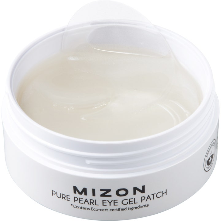Mizon Premium Pure Pearl Eye Gel Patch 60 stk lysnende eye patches i hvid krukke med perlemorsfarvet gel-tekstur.