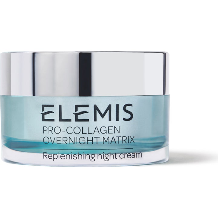 Elemis Pro-Collagen Overnight Matrix 50 ml genopbyggende natcreme i lyseblå glaskrukke med sølvlåg.