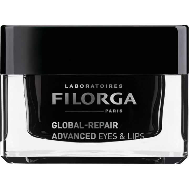 Filorga Global-Repair Advanced Eyes & Lips 15ml øjencreme mod rynker i en elegant sort og klar glaskrukke