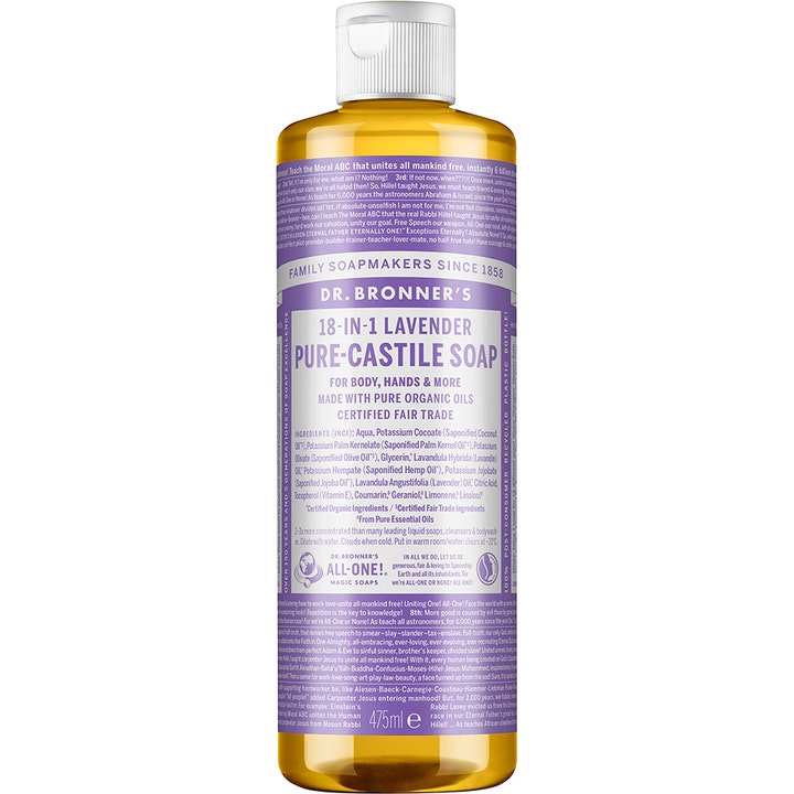 Dr. Bronner's 18-in-1 Lavender Pure-Castile Soap 475 ml beroligende flydende sæbe med lilla etiket på klar flaske