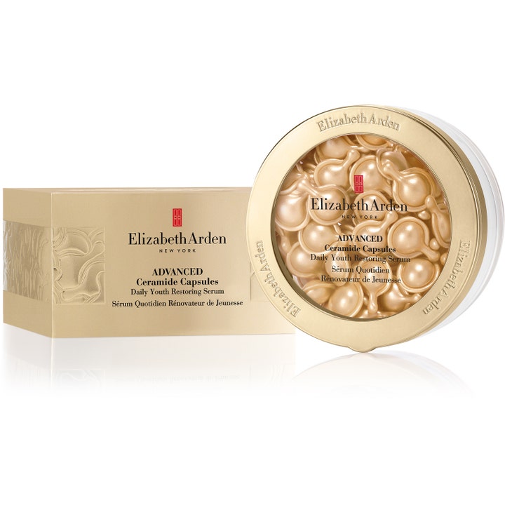Elizabeth Arden Advanced Ceramide Daily Youth Restoring Serum 60 kapsler opstrammende ansigtsserum i guldæske og krukke.