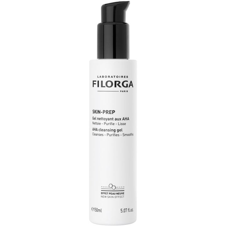 Filorga Skin-Prep AHA Cleansing Gel 150 ml eksfolierende ansigtsrens i hvid flaske med sort pumpe