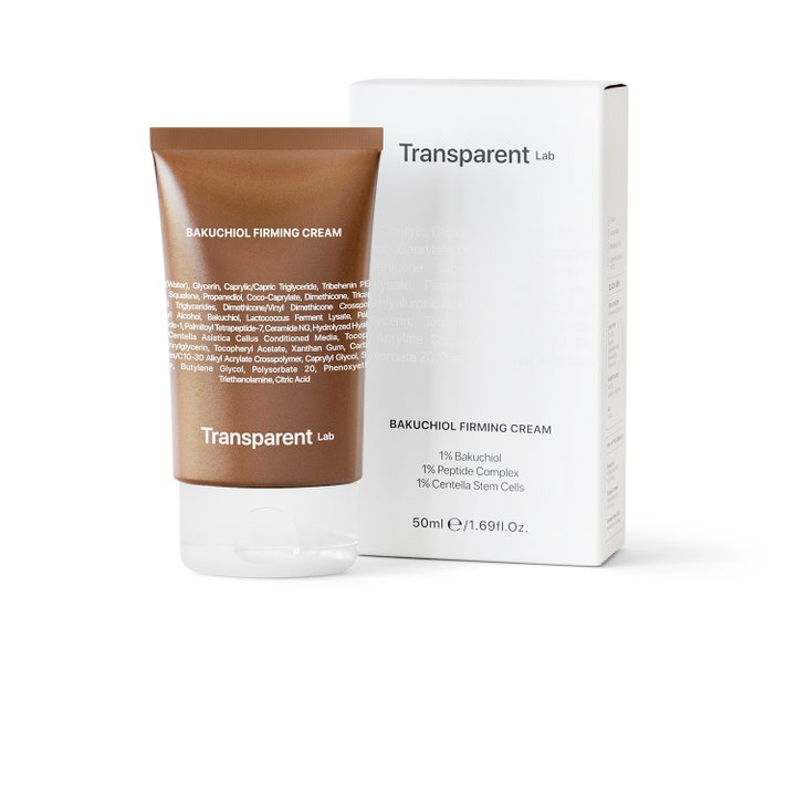 Transparent Lab Bakuchiol Firming Cream 50 ml opstrammende ansigtscreme i brun tube og hvid papæske.