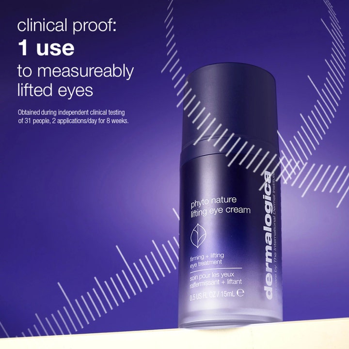 Dermalogica Phyto Nature Lifting Eye Cream 15 ml opstrammende øjencreme i lilla flaske med tekst om kliniske resultater