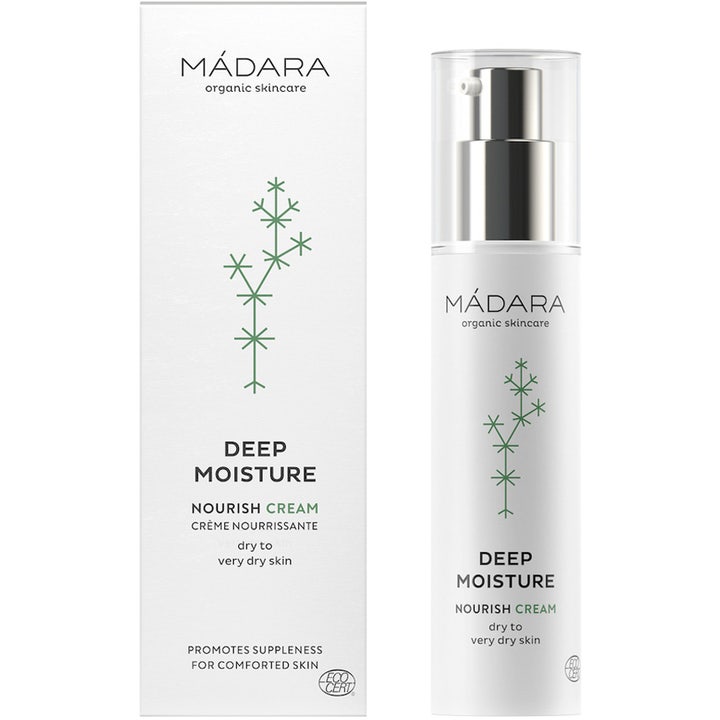MÁDARA Deep Moisture Nourish Cream 50 ml i hvid pumpeflaske og æske til tør hud.