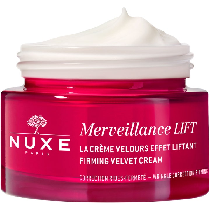 Nuxe Merveillance LIFT 50 ml opstrammende dagcreme i rød glaskrukke med synlig hvid fløjlsblød velvet cream