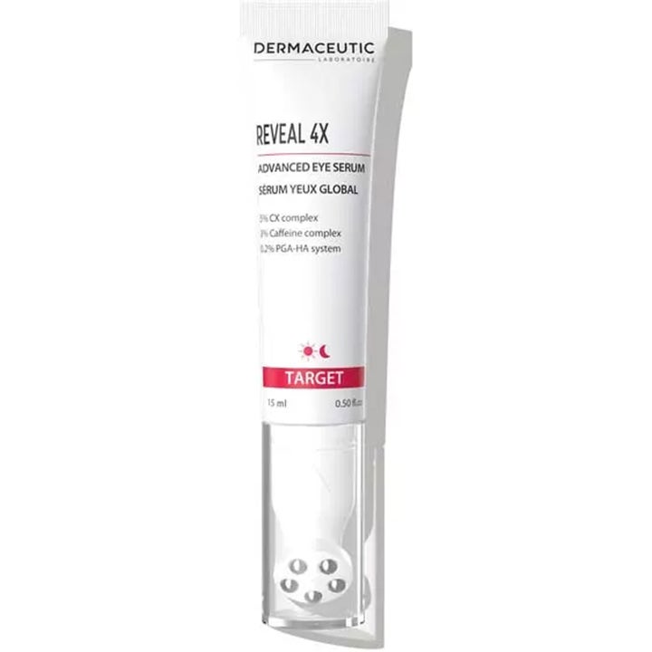 Dermaceutic Reveal 4X Advanced Eye Serum 15 ml mod mørke rande i hvid tube med fem små metalkugler i toppen