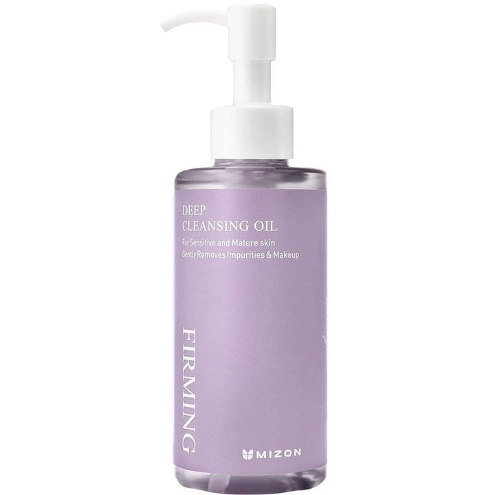 Mizon Firming Deep Cleansing Oil opstrammende renseolie fjerner makeup i lilla flaske med hvid pumpe