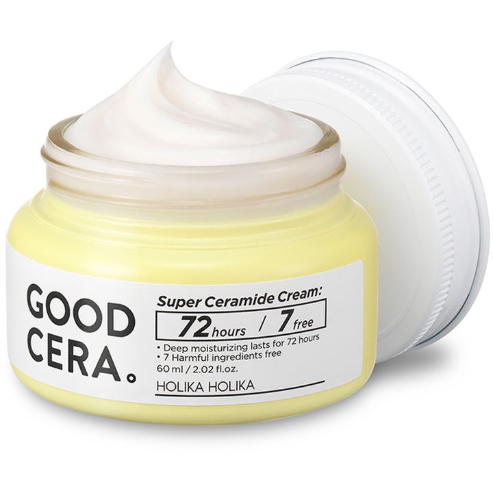 Holika Holika Good Cera Super Ceramide Cream 60 ml fugtgivende ansigtscreme i gul krukke med hvid creme og 72 hours tekst