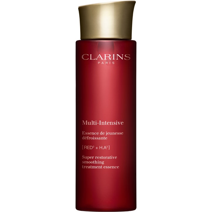 Clarins Multi-Intensive Smoothing Treatment Essence udglattende ansigtsessens i dybrød flakon med guldfarvet låg