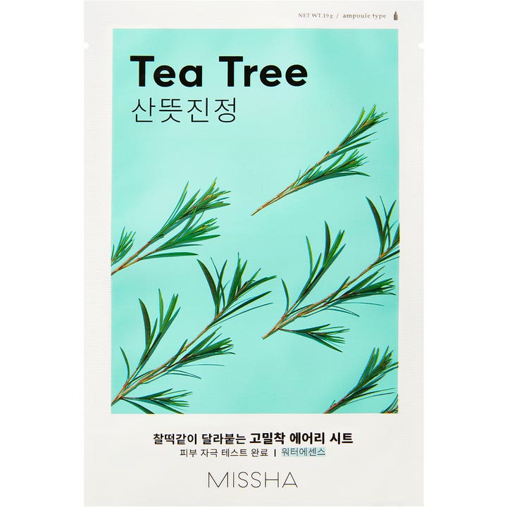 Missha Tea Tree 19g beroligende sheet maske i mintgrøn emballage med illustrationer af grønne blade