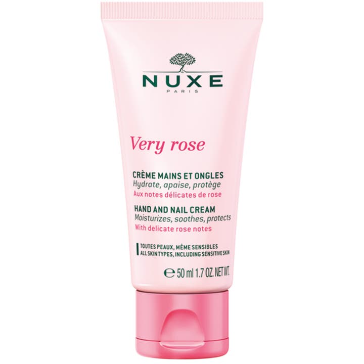 Nuxe Very Rose Hand and Nail Cream 50 ml beroligende håndcreme i lyserød tube med matchende kliklåg