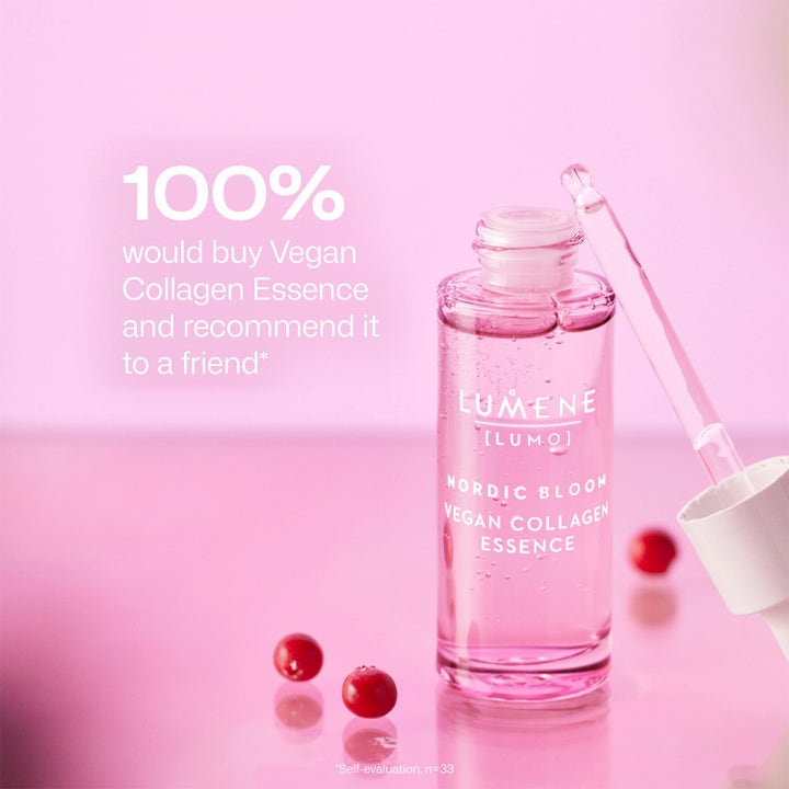Lumene Vegan Collagen Essence 30 ml ansigtsserum i lyserød glasflaske med pipette og bær