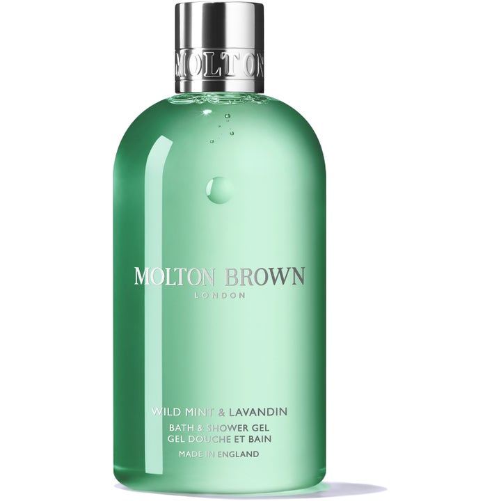Molton Brown Wild Mint & Lavandin 300 ml opfriskende showergel i klar plastflaske med grøn gel og indgraveret sølvlåg