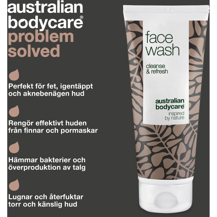 Australian Bodycare Face Wash 100 ml ansigtsrens mod urenheder i hvid tube med brunt bladmønster