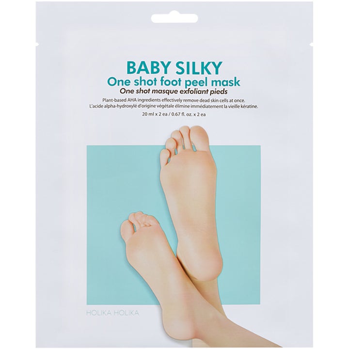 Holika Holika Baby Silky One Shot Foot Peel Mask 20 ml eksfolierende fodmaske i hvid emballage med motiv af fødder