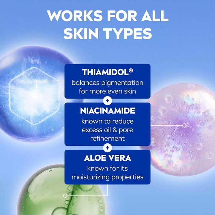 NIVEA Luminous630 Skin Glow 15 ml serum infografik med Thiamidol Niacinamid og Aloe Vera til alle hudtyper
