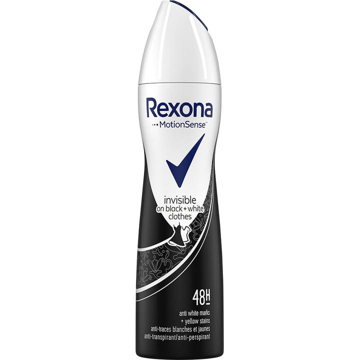 Rexona Deo Spray Black&amp;White 150 ml modvirker hvide mærker i sort og hvid sprayflaske med MotionSense
